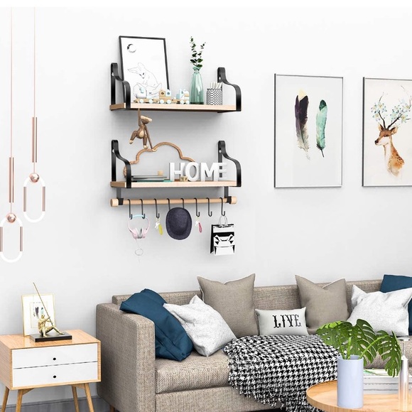 Set of 2 Rustic Wood Wall Storage Shelves + Hooks - Picture 6 of 7